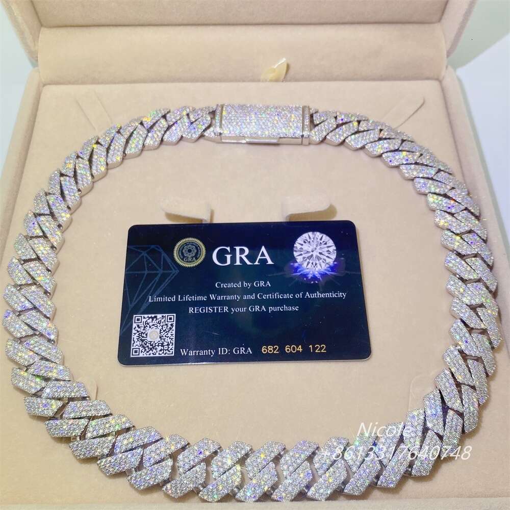 Bling Hiphop Jewelry 18mm 20 22 Diamond Iced Out Vvs Moissanite 925 Silver Cuban Link Chain