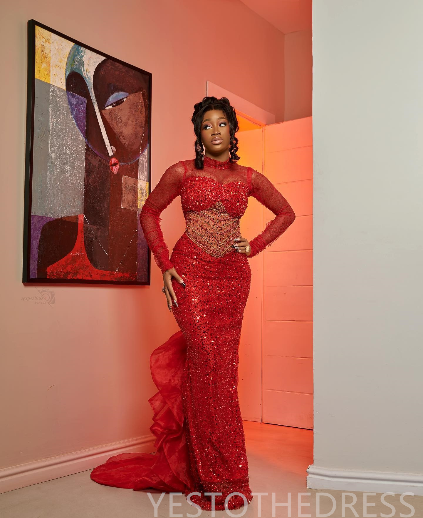 2024 Red Prom Dresses for Black Women Promdress High Neck Illusion Long Sleeves Evening Dresses Bead Sequined Lace Birthday Party Dress Second Recepti