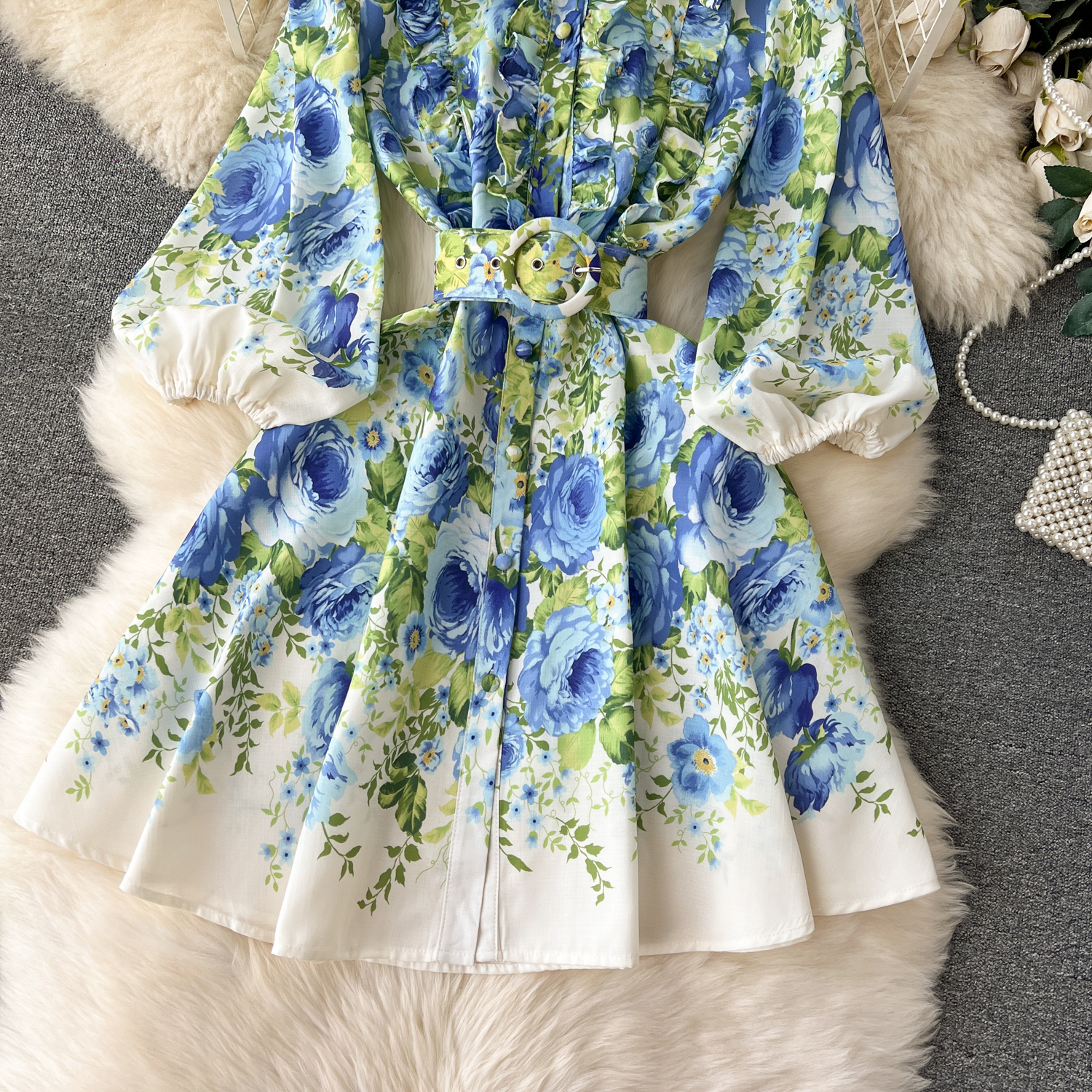Summer Casual Dresses Holiday En Dress Women Clothing Stand Ruffles Long Lantern Sleeve Wer Print Single Breasted Belt Mini Vestidos 2024