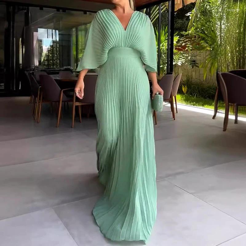 Casual Dresses Elegant V-Neck Waist Evening Dress Women 3/4 Sleeve Solid Pleated Maxi Spring Autumn Fashion Pullover Party B4