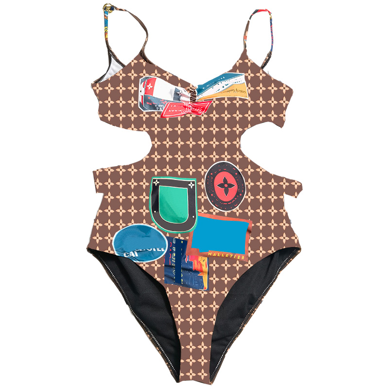 Sexy Strap Beach Bikini Women Vintage Printing One Piece Swimsuit Cut Out Waist Swimsuit Summer Beach Swimwear