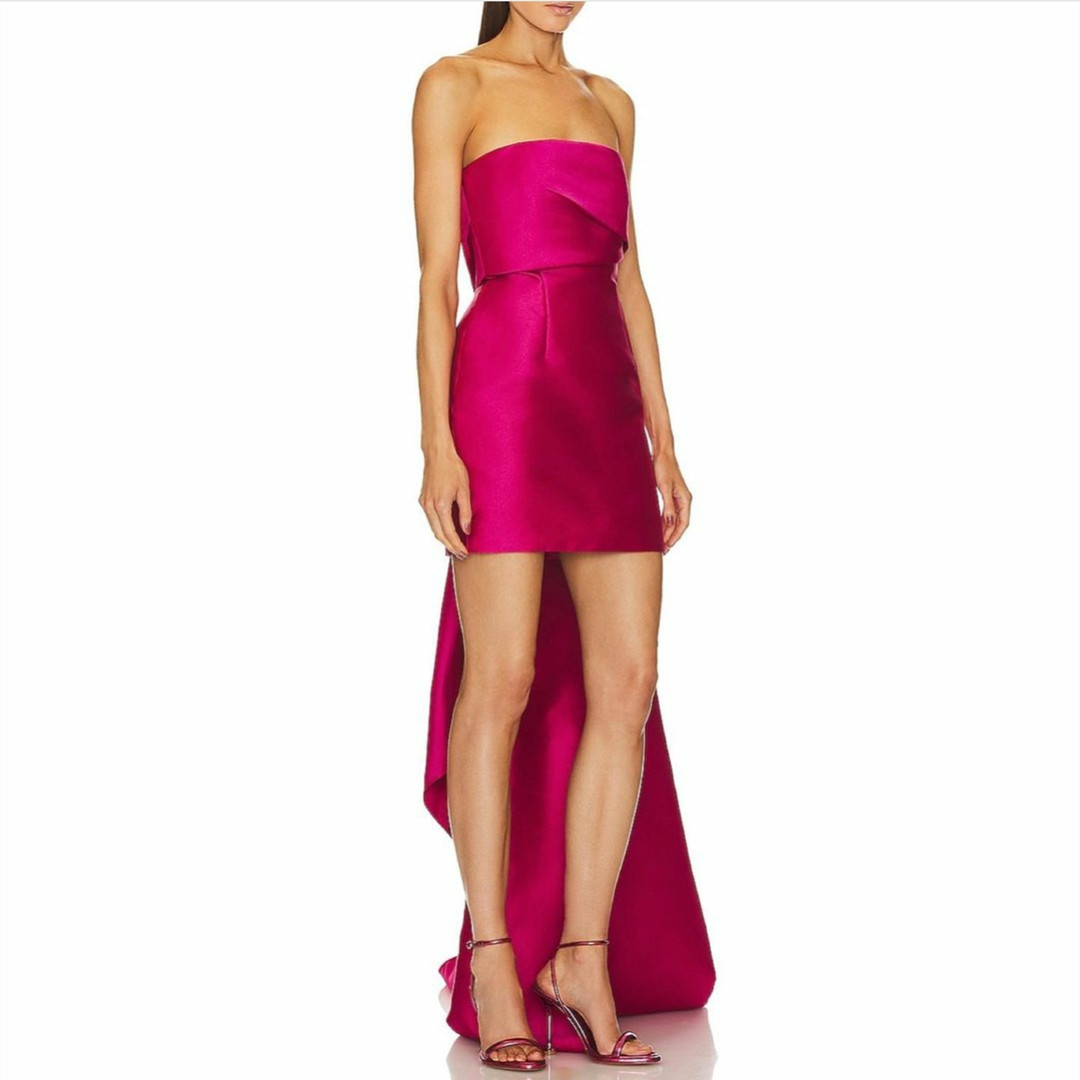 Vintage Short Fuchsia Taffeta Strapless Evening Dresses With Sweep Train Sheath Sleeveless Mini Knee Length Formal Occasion Prom Party Gowns