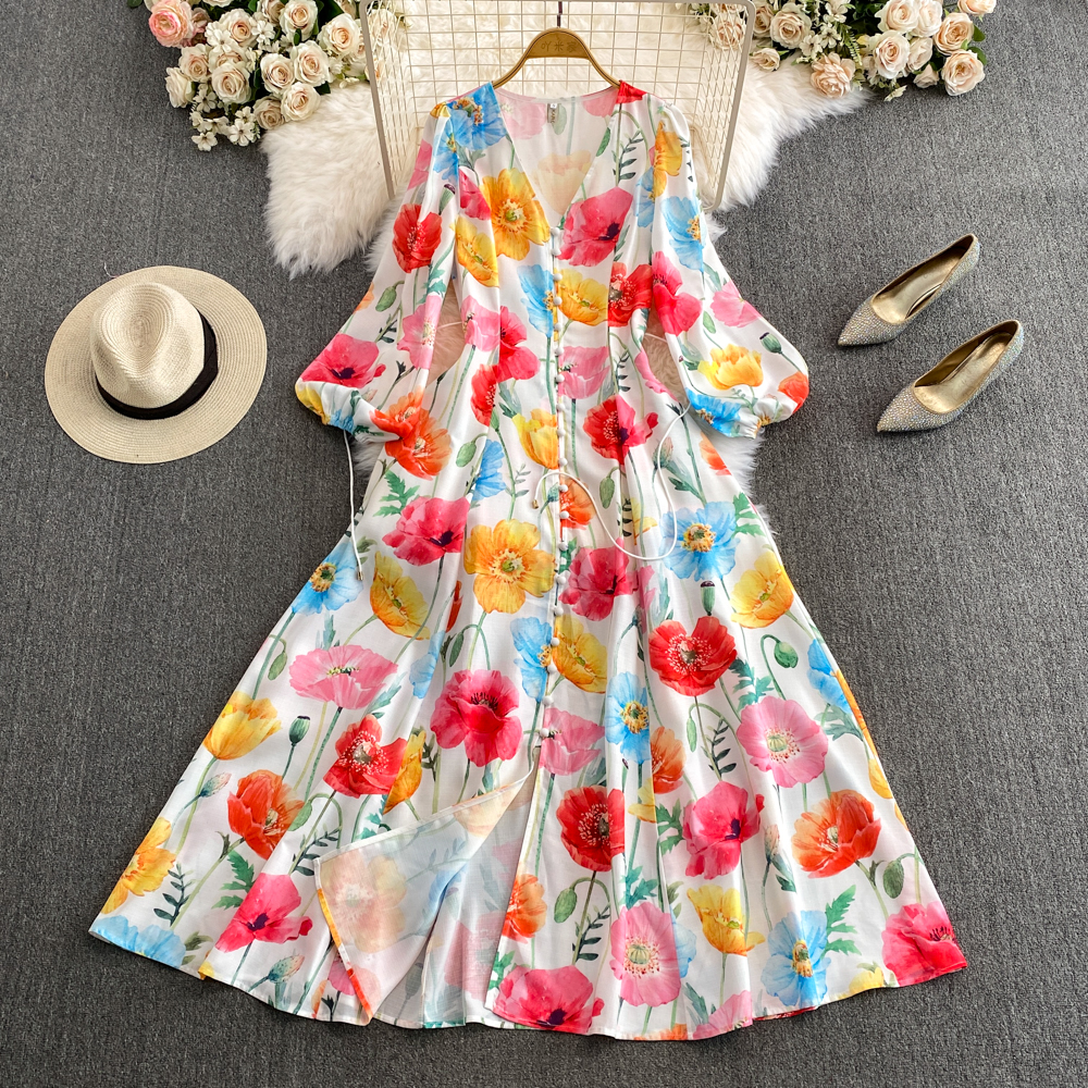 Women Basic Casual Dresses Spring Summer Holiday Flower Linen Dress Women V-Neck Lantern Sleeve Floral Print Single Breasted Sashes Long Robe Vestidos