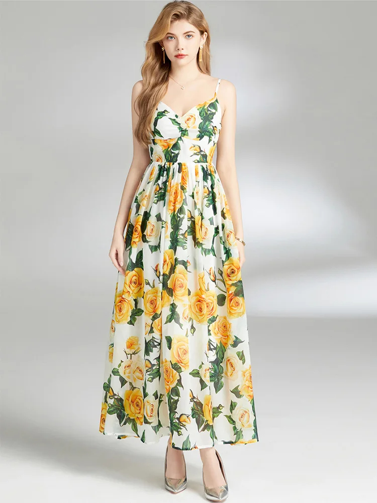 Dresses Summer Bohemian Sleeveless Maxi Dress Women Spaghetti Strap High Waist Yellow Wer Print Holiday Beach Long Vestidos 2024