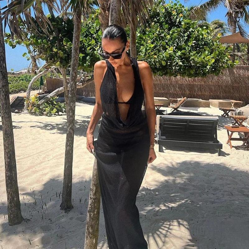 Casual Dresses Backless Hooded Maxi Dress For Women Swinging Halter Neck Metallic Fashion Slip Female Long Skirt Sexy Night Party Gown