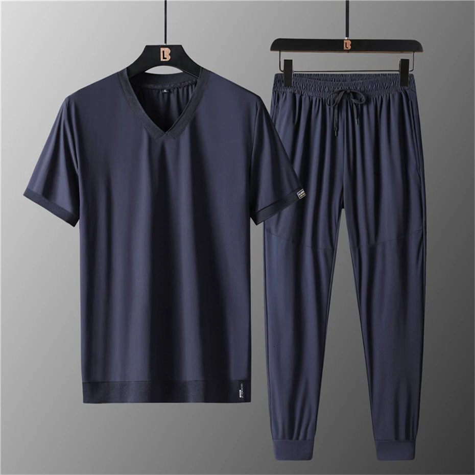 Plus Size 7XL 8XL Suit Men 2Pcs/Set Summer Shirts Sweatpants Fashion Causal Solid Color Mens Sets Big Size 8XL 240429