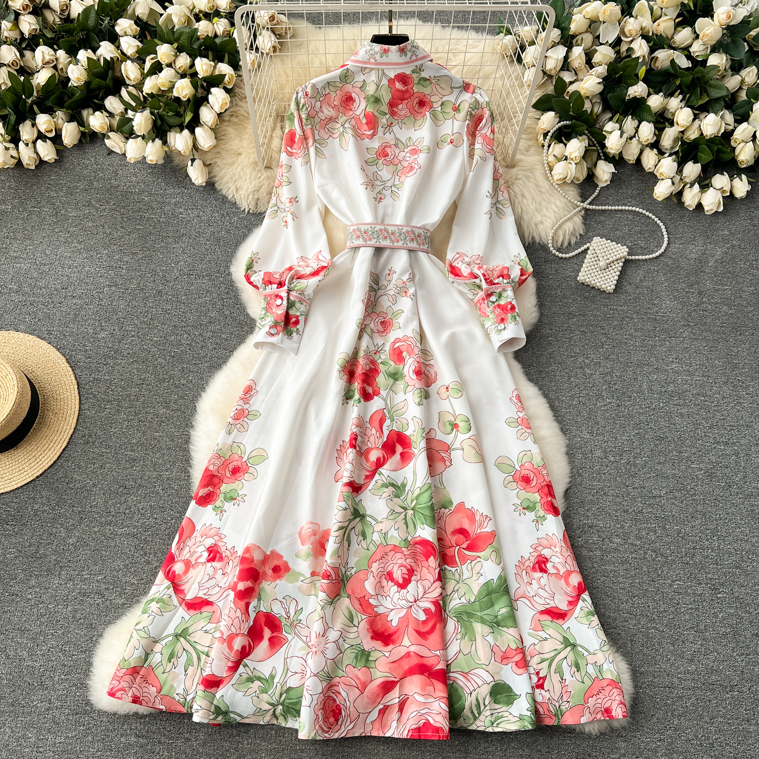 Dresses High-Quality Bohemian Wer Shirt Dress Women's Stand Long Lantern Sleeve Ral Print Single Breasted Belt Holiday Boho Maxi Vestidos