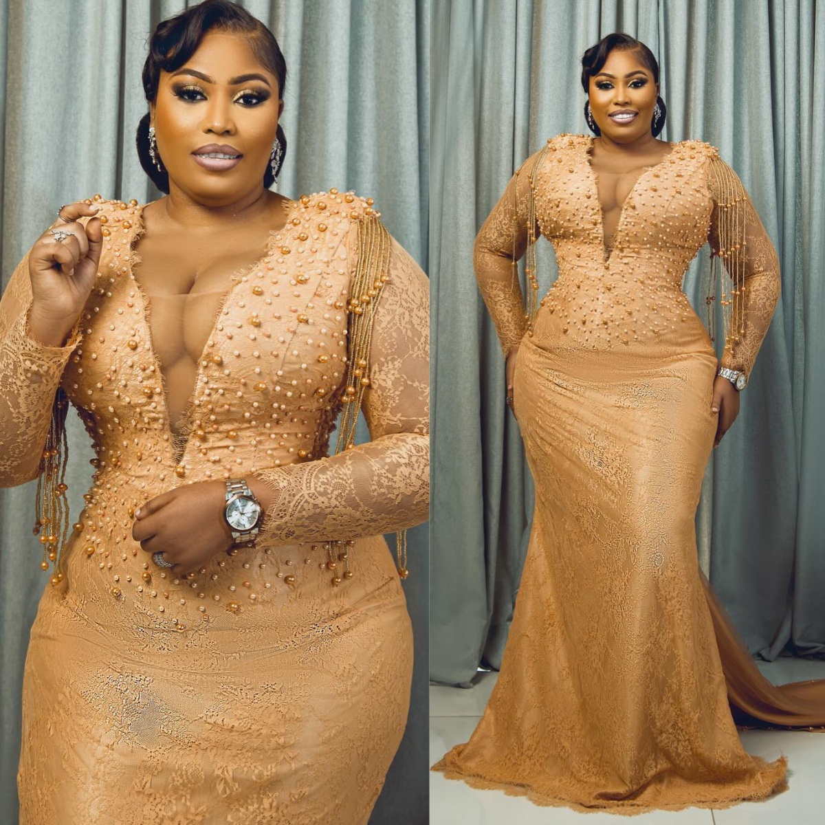 2024 Plus Size Gold Prom Dresses for Special Occasions Promdress Long Sleeves Pearls Decorated Lace Beading Tassel Birthday Party Dress Reception Gown