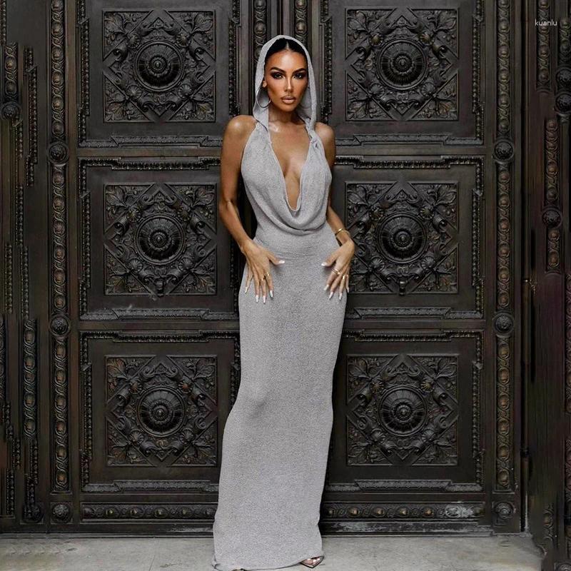 Casual Dresses Backless Hooded Maxi Dress For Women Swinging Halter Neck Metallic Fashion Slip Female Long Skirt Sexy Night Party Gown