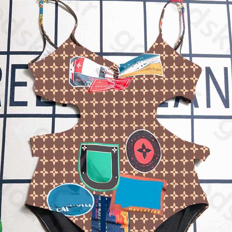 Sexy Strap Beach Bikini Women Vintage Printing One Piece Swimsuit Cut Out Waist Swimsuit Summer Beach Swimwear
