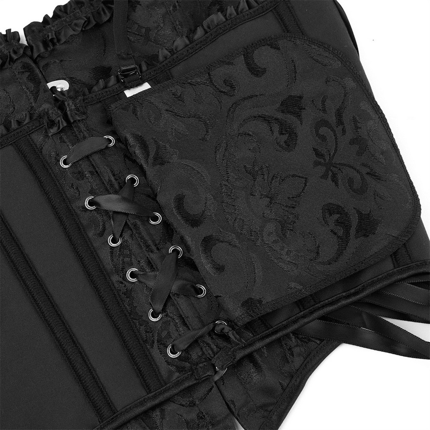 New Black Brocade Floral Jacquard Cropped Corset Top with Ruffle Trim Women Fashion Sling Crop Tops Plastic Boned Overbust Bustier Lace-Up Short Waist