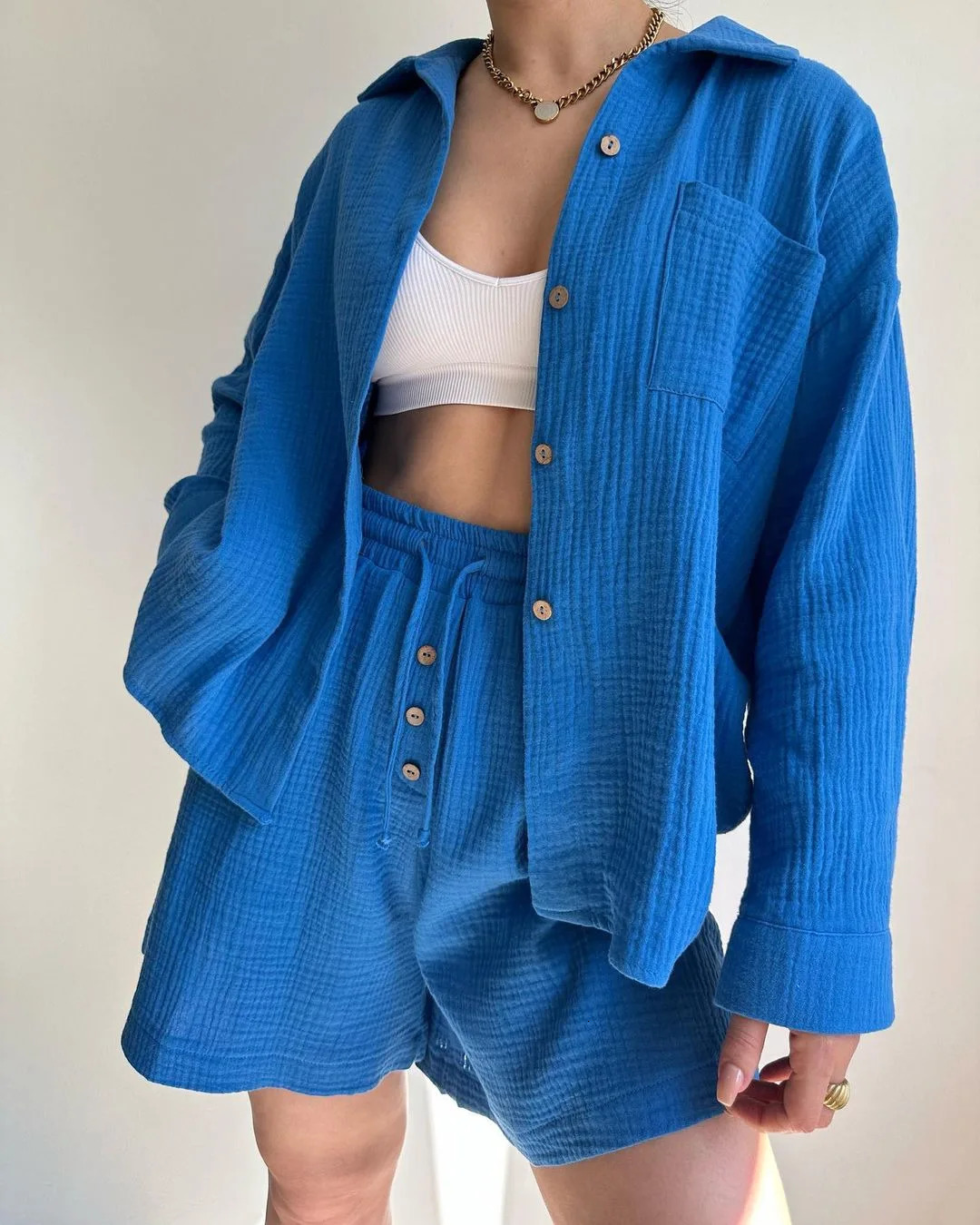 Cotton Gauze Muslim Sets For Women 2 Pieces Long Sleeve SingleBreasted Shirt With Drawstring Shorts Set Chic Ladies Tracksuit 240423