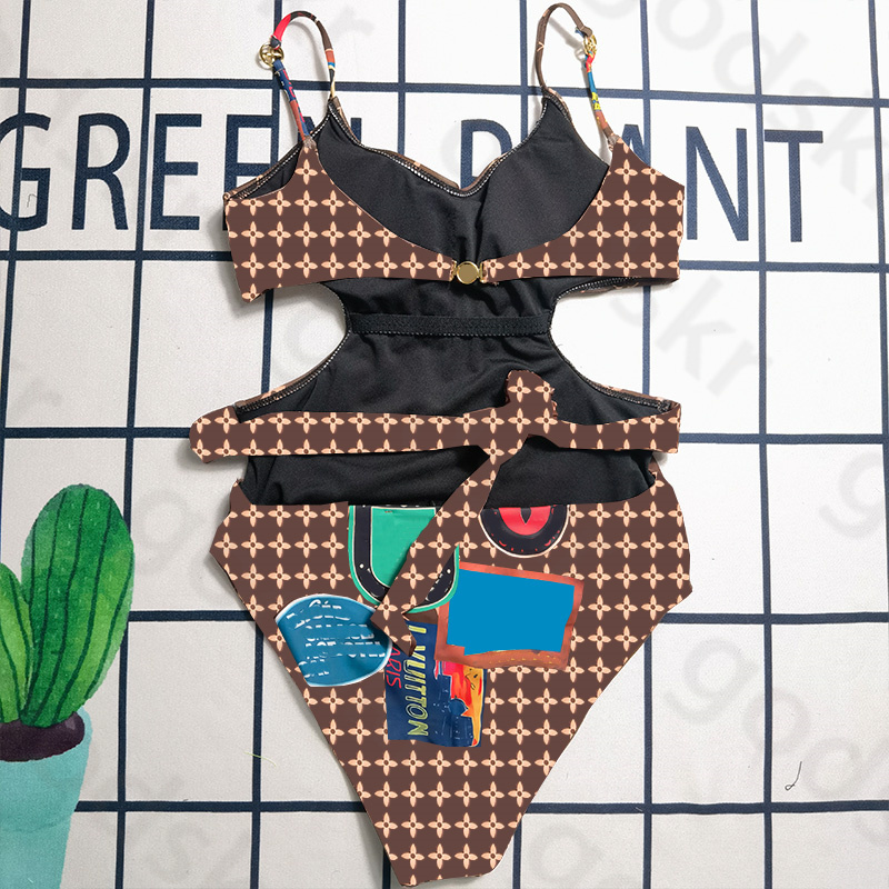 Sexy Strap Beach Bikini Women Vintage Printing One Piece Swimsuit Cut Out Waist Swimsuit Summer Beach Swimwear
