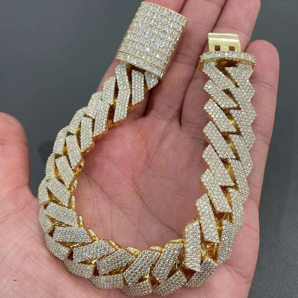 925 Silver Baguette Iced Out Moissanite Diamond Miami Cuban Link Chain Bracelet