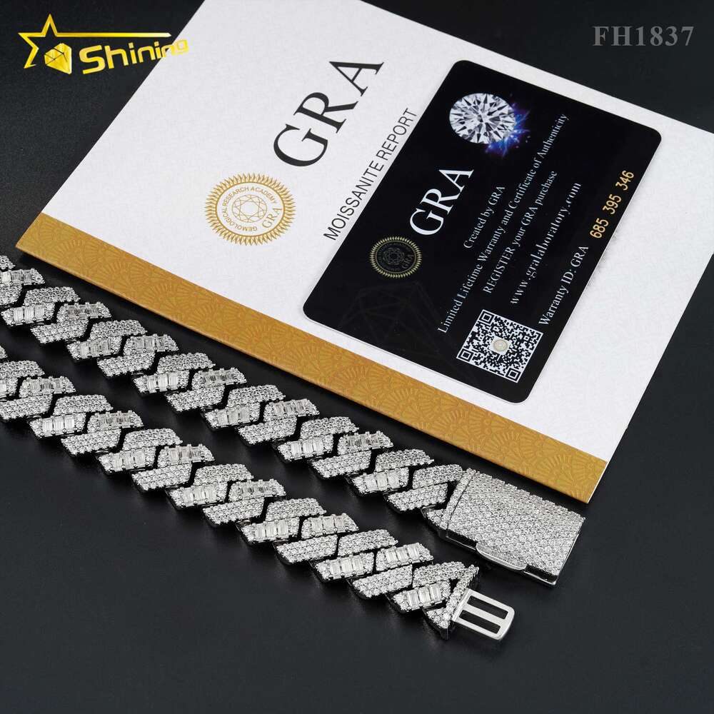 New Arrival Top Quality 15mm Hip Hop 925 Sterling Silver Luxury Baguette Iced Out Moissanite Diamond Cuban Link Chain