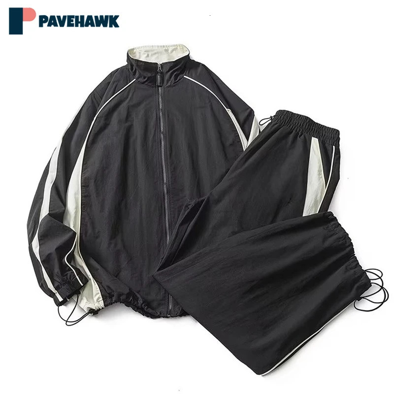 Spring Vintage Set Men Women High Street Varsity Jacket Wide Leg Pants Patchwork Y2k Streetwear Sports Bomber 2-piece Set Unisex 240426
