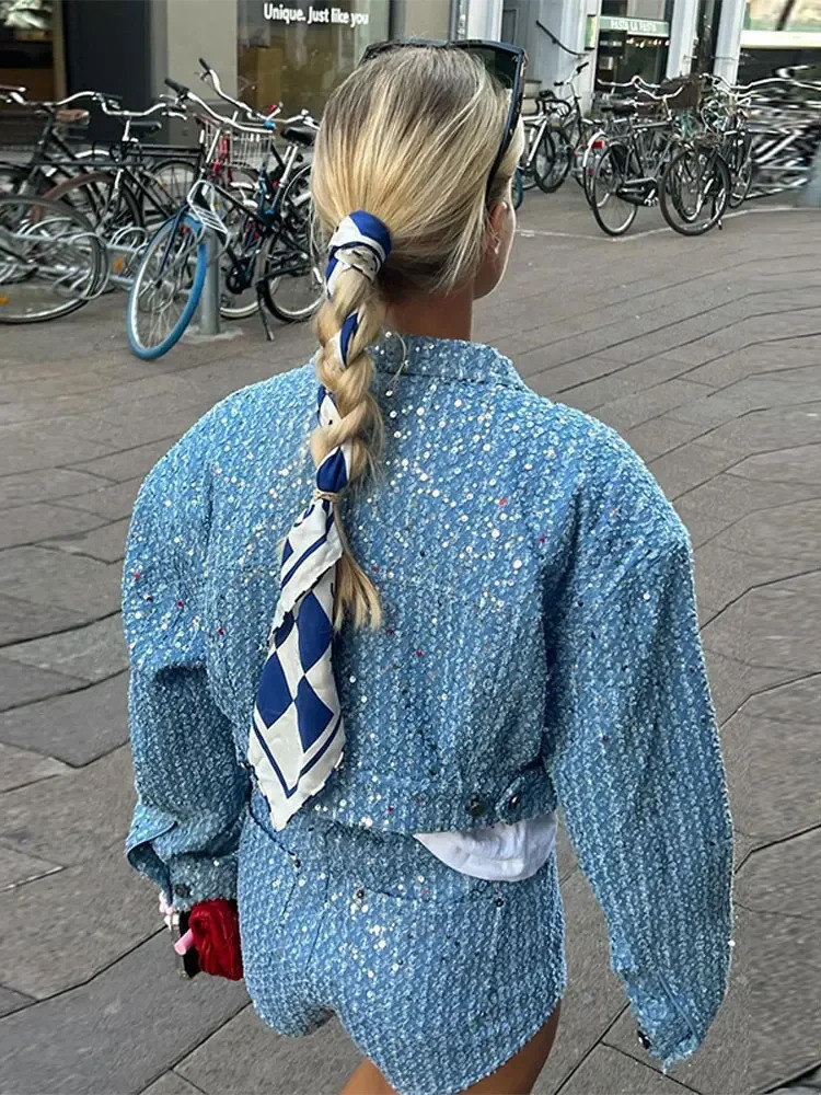 Women Sequin jean-jacket Short Pant Suit Loose Lapel Single Breasted Coat 2 Pieces Sets Spring Summer Chic Streetwear 240423