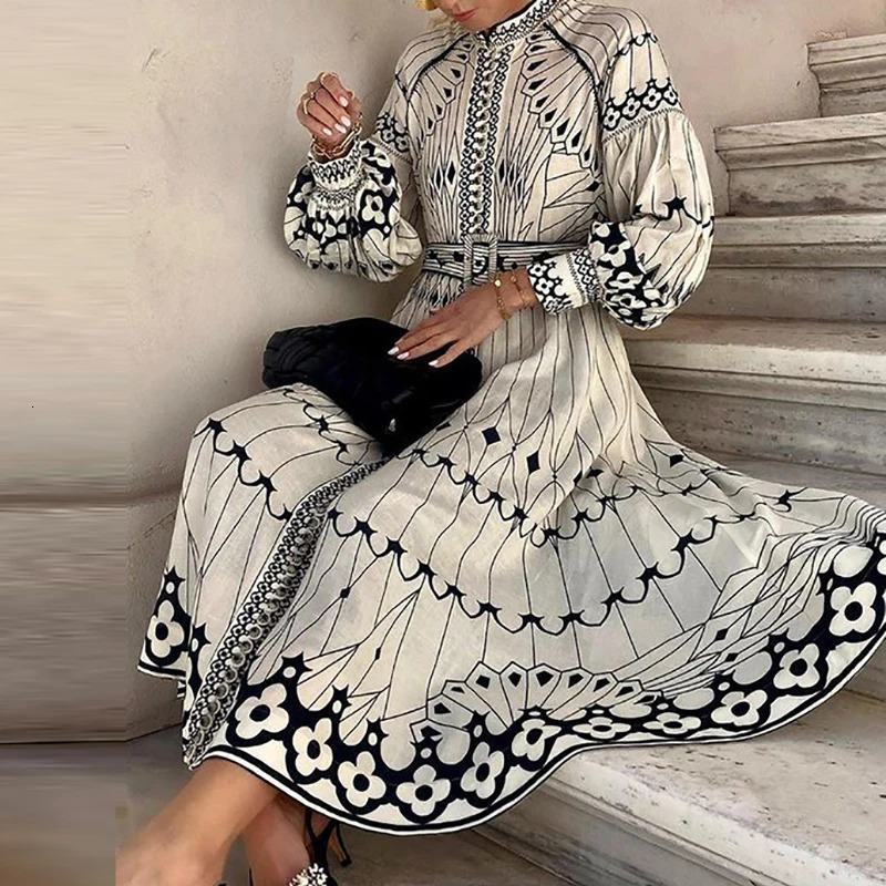 Chic Women Long Sleeve Evening Dress with Belt Elegant 2024 Ethnic Print Retro Stand Collar Button Big Hem Dresses 240419
