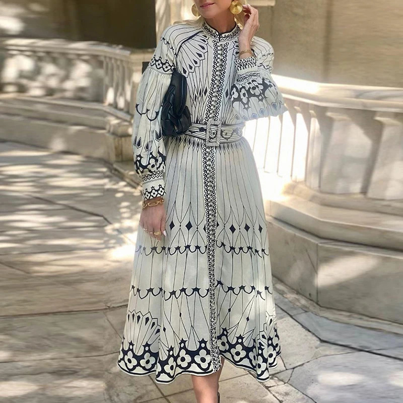 Chic Women Long Sleeve Evening Dress with Belt Elegant 2024 Ethnic Print Retro Stand Collar Button Big Hem Dresses 240419