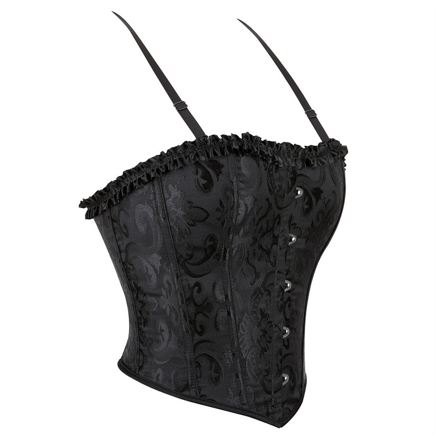 New Black Brocade Floral Jacquard Cropped Corset Top with Ruffle Trim Women Fashion Sling Crop Tops Plastic Boned Overbust Bustier Lace-Up Short Waist