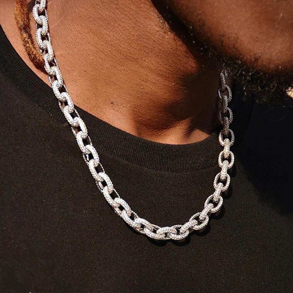 Custom Hip Hop Rolo Necklace 12mm 925 Sterling Silver Iced Out Moissanite Cuban Link Chain