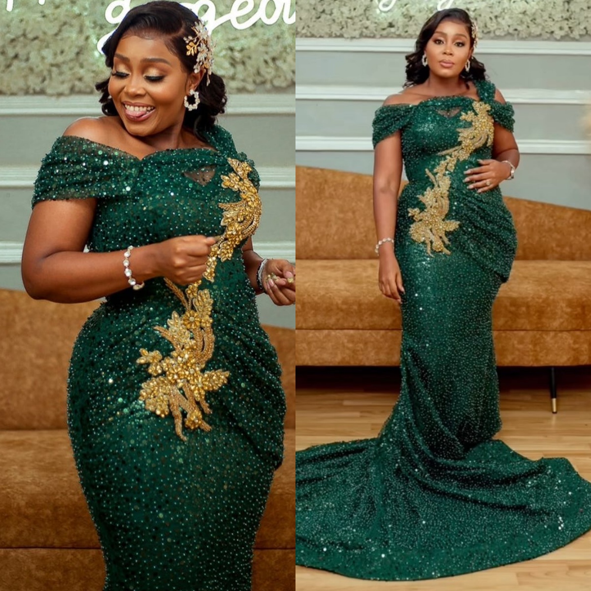 2024 Plus Size Green Prom Dresses for Black Women Promdress Sheer Neck Evening Dresses Elegant Beaded Sequin Lace Birthday Party Dress Second Receptio