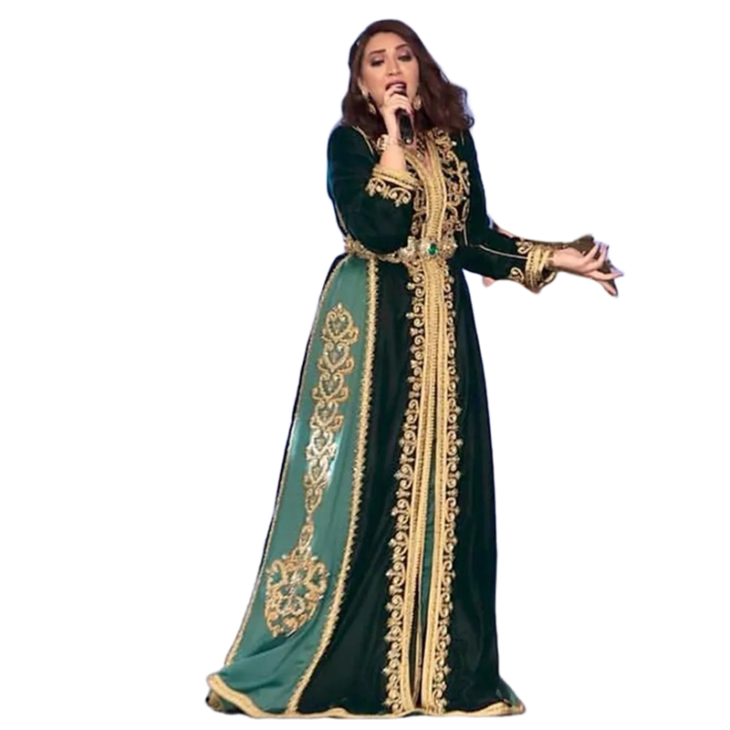 Elegant Moroccan Kaftan Dark Green Evening Dresses Long Sleeves Crystals Beaded Lace Appliques Floor Length Velvet Caftan Muslim Formal Occasion Gowns