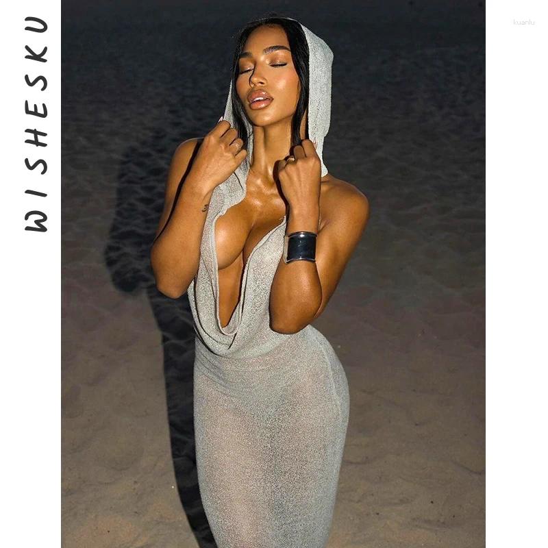 Casual Dresses Backless Hooded Maxi Dress For Women Swinging Halter Neck Metallic Fashion Slip Female Long Skirt Sexy Night Party Gown
