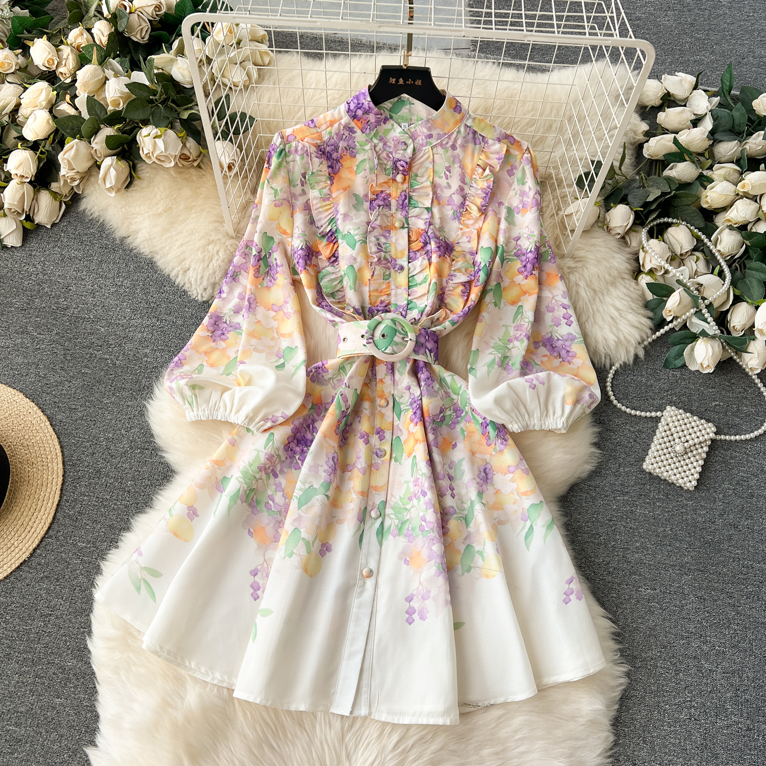 Summer Casual Dresses Holiday En Dress Women Clothing Stand Ruffles Long Lantern Sleeve Wer Print Single Breasted Belt Mini Vestidos 2024