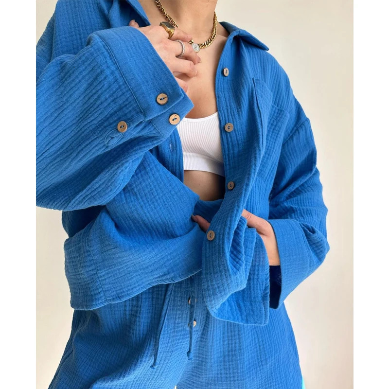 Cotton Gauze Muslim Sets For Women 2 Pieces Long Sleeve SingleBreasted Shirt With Drawstring Shorts Set Chic Ladies Tracksuit 240423