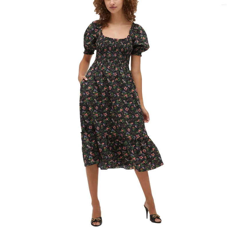Casual Dresses Summer Women Midi Dress With Floral Print Square Neckline Pleated Short Sleeved A-Line Backless