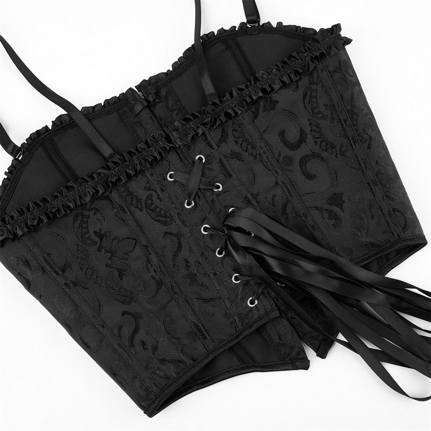 New Black Brocade Floral Jacquard Cropped Corset Top with Ruffle Trim Women Fashion Sling Crop Tops Plastic Boned Overbust Bustier Lace-Up Short Waist