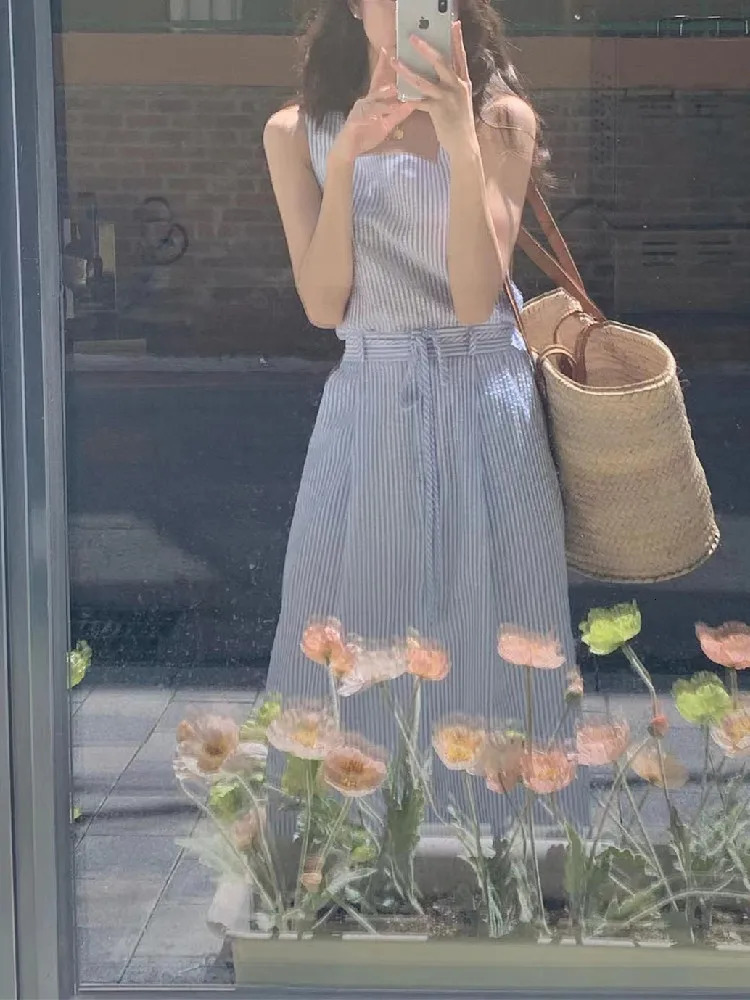 Korean Fashion 2 Two Piece Set for Women Summer Outfits Striped Sleeveless Tops Vest Midi Skirt in Matching Sets 240423