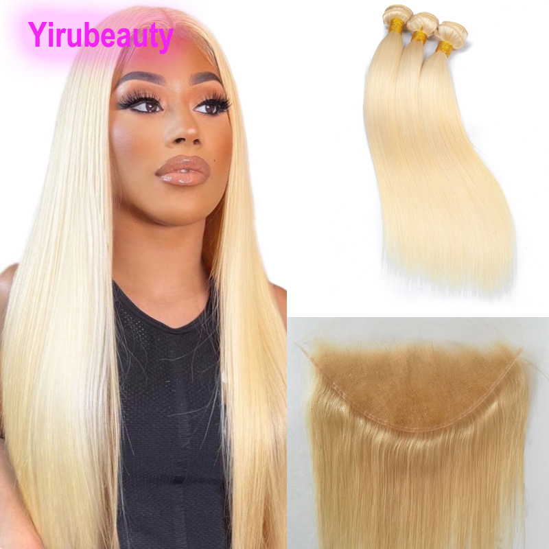 Indian Virgin Human Haiir Double Wefts 3 Bundles With 13X6 HD Lace Frontal Free Part 4 PCS/lot Blonde Color