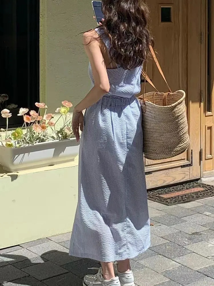 Korean Fashion 2 Two Piece Set for Women Summer Outfits Striped Sleeveless Tops Vest Midi Skirt in Matching Sets 240423