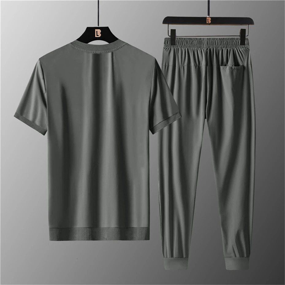 Plus Size 7XL 8XL Suit Men 2Pcs/Set Summer Shirts Sweatpants Fashion Causal Solid Color Mens Sets Big Size 8XL 240429