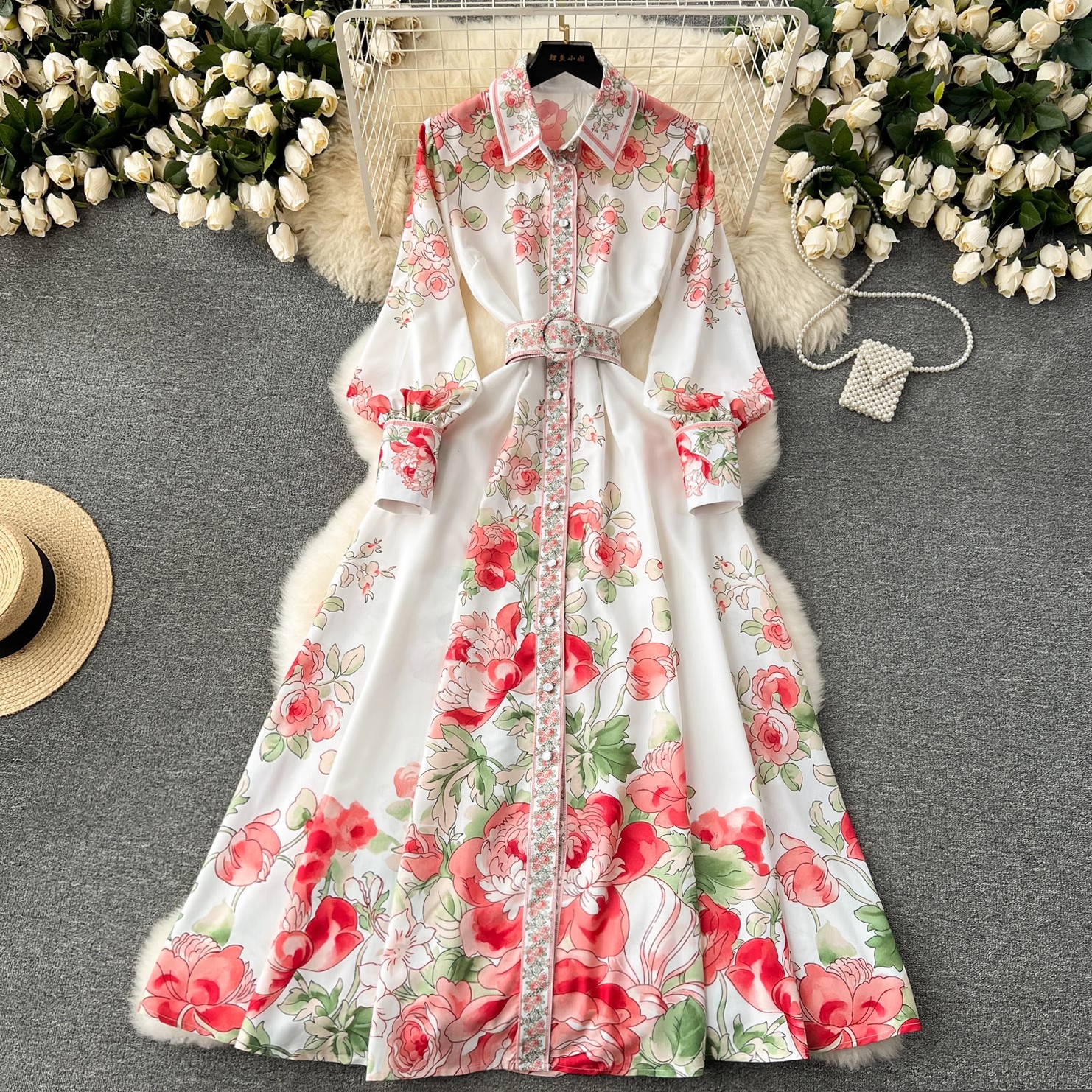 Dresses High-Quality Bohemian Wer Shirt Dress Women's Stand Long Lantern Sleeve Ral Print Single Breasted Belt Holiday Boho Maxi Vestidos