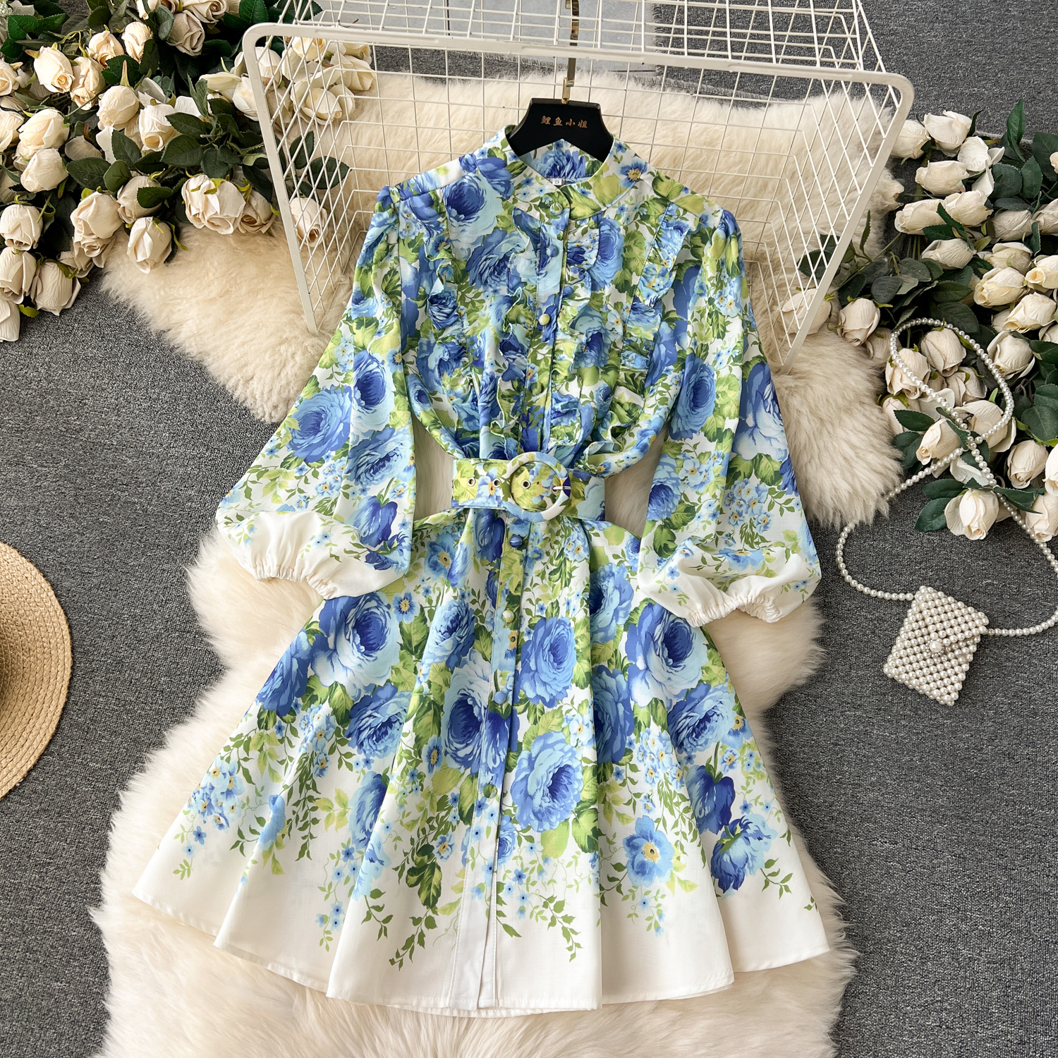 Summer Casual Dresses Holiday En Dress Women Clothing Stand Ruffles Long Lantern Sleeve Wer Print Single Breasted Belt Mini Vestidos 2024