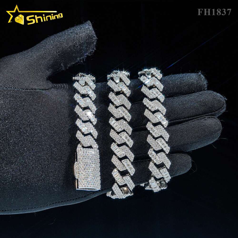 New Arrival Top Quality 15mm Hip Hop 925 Sterling Silver Luxury Baguette Iced Out Moissanite Diamond Cuban Link Chain