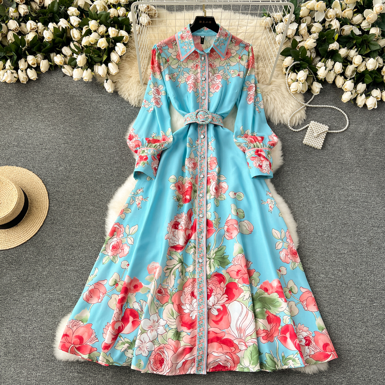 Dresses High-Quality Bohemian Wer Shirt Dress Women's Stand Long Lantern Sleeve Ral Print Single Breasted Belt Holiday Boho Maxi Vestidos