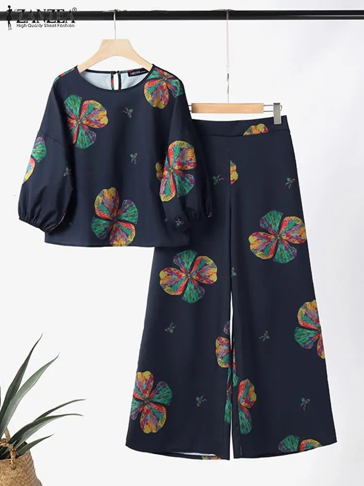 ZANZEA Summer Women Wide Leg Pant Sets ONeck 34 Sleeve Blouse Trousers Suit 2PCS Tracksuits Casual Printed Matching 240423