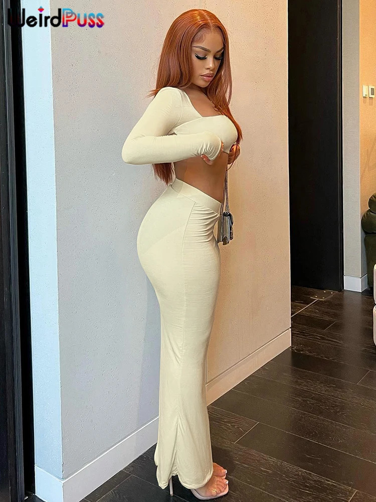 Weird Puss Autumn Women 2 Piece Set Tracksuit Trend Long Sleeve Crop TopsWide Waistband Maxi Skirts Casual Streetwear Suits 240423