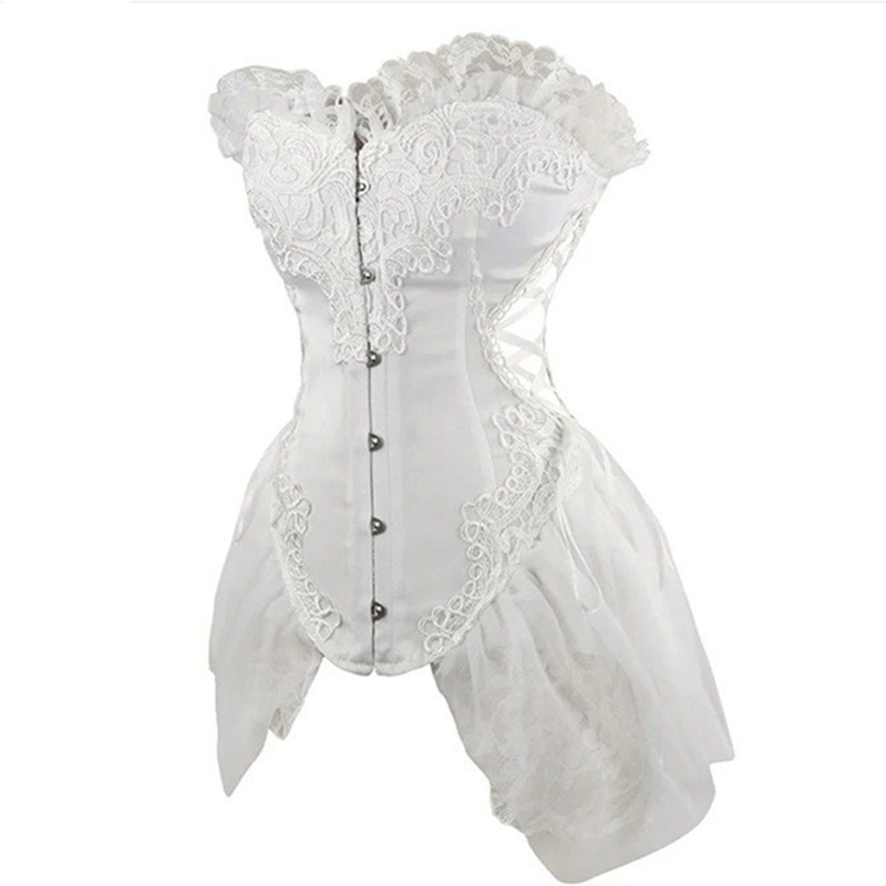 Halloween Burlesque Side Hollow-out Corset with Hips Tulle Cover Women White Bridal Overbust Bustier Ruffle Lace Party Corsets Multicolor S-XXL
