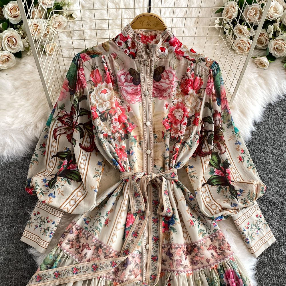 Casual Dresses Holiday Flower Print Long Dress Women's Stand Lantern Sleeve Single Breasted Floral Print Belt Oversize Maxi Robe Vestidos