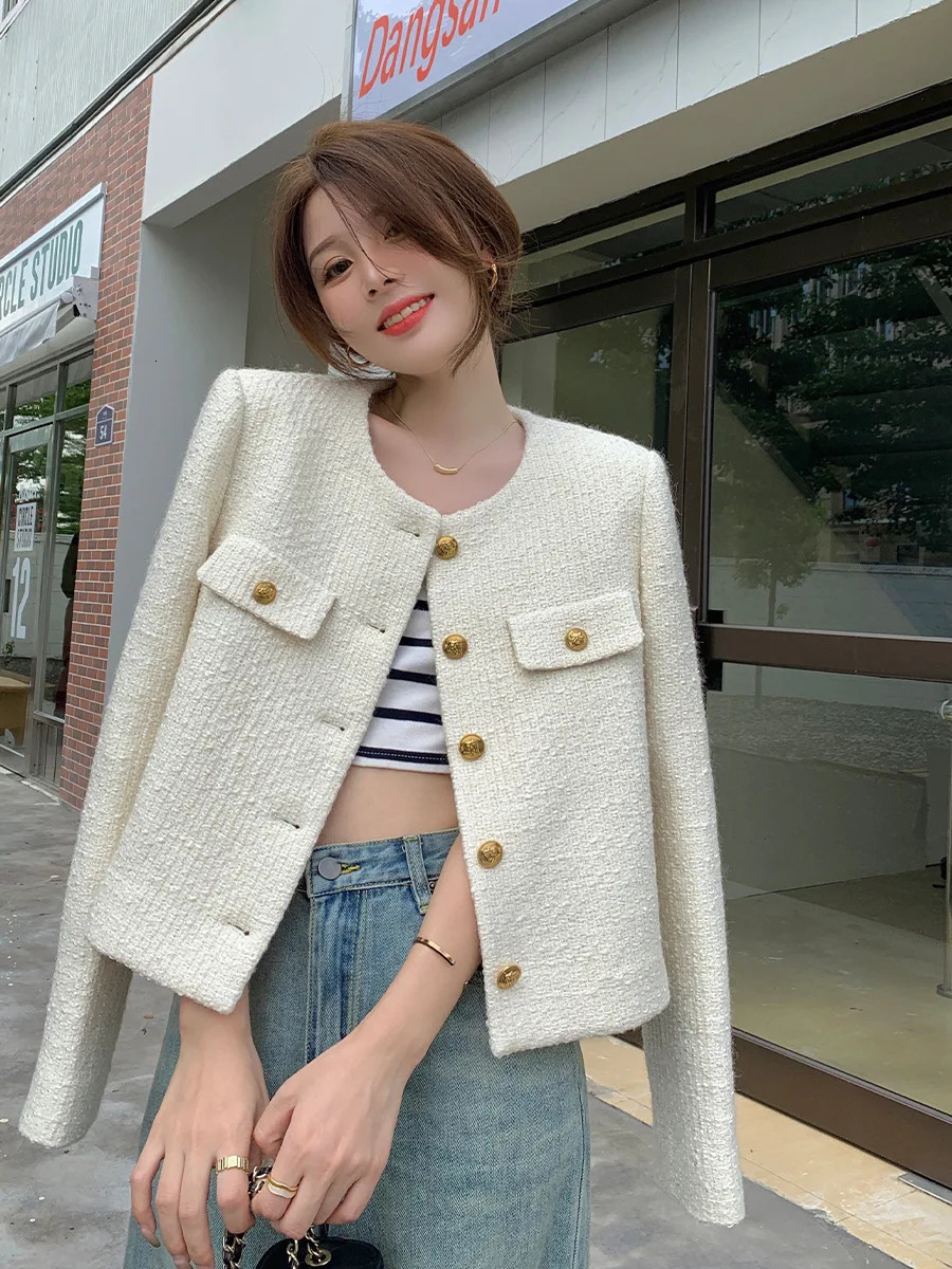 Trendy Small Fragrance Casual Blazer Jacket for Spring and Autumn Women Fashion High-end Cropped Slim Fitting Tweed Coat Korean 240424