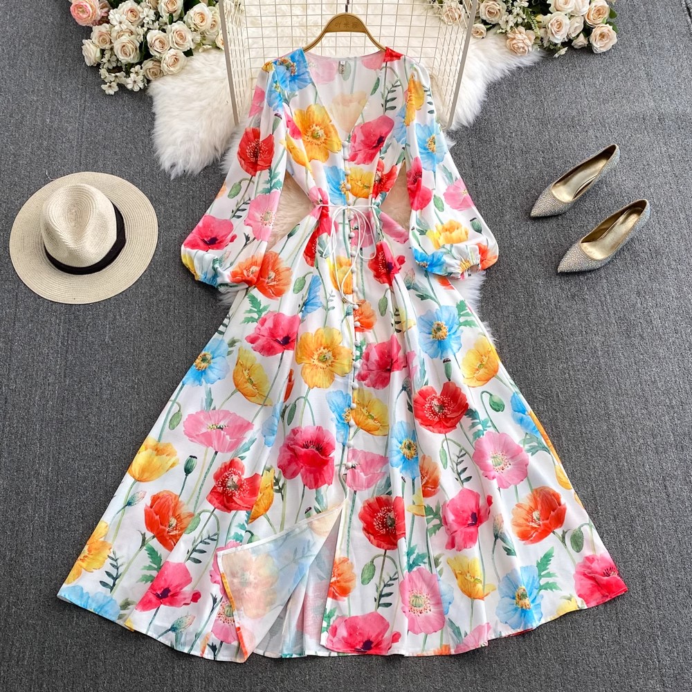 Women Basic Casual Dresses Spring Summer Holiday Flower Linen Dress Women V-Neck Lantern Sleeve Floral Print Single Breasted Sashes Long Robe Vestidos