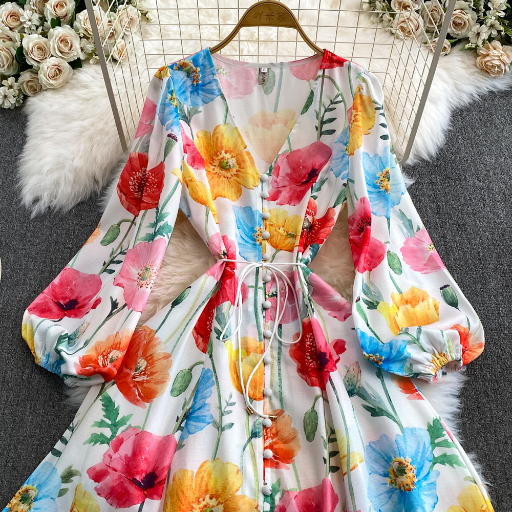 Women Basic Casual Dresses Spring Summer Holiday Flower Linen Dress Women V-Neck Lantern Sleeve Floral Print Single Breasted Sashes Long Robe Vestidos