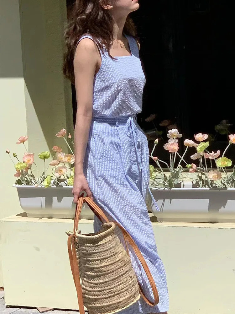 Korean Fashion 2 Two Piece Set for Women Summer Outfits Striped Sleeveless Tops Vest Midi Skirt in Matching Sets 240423