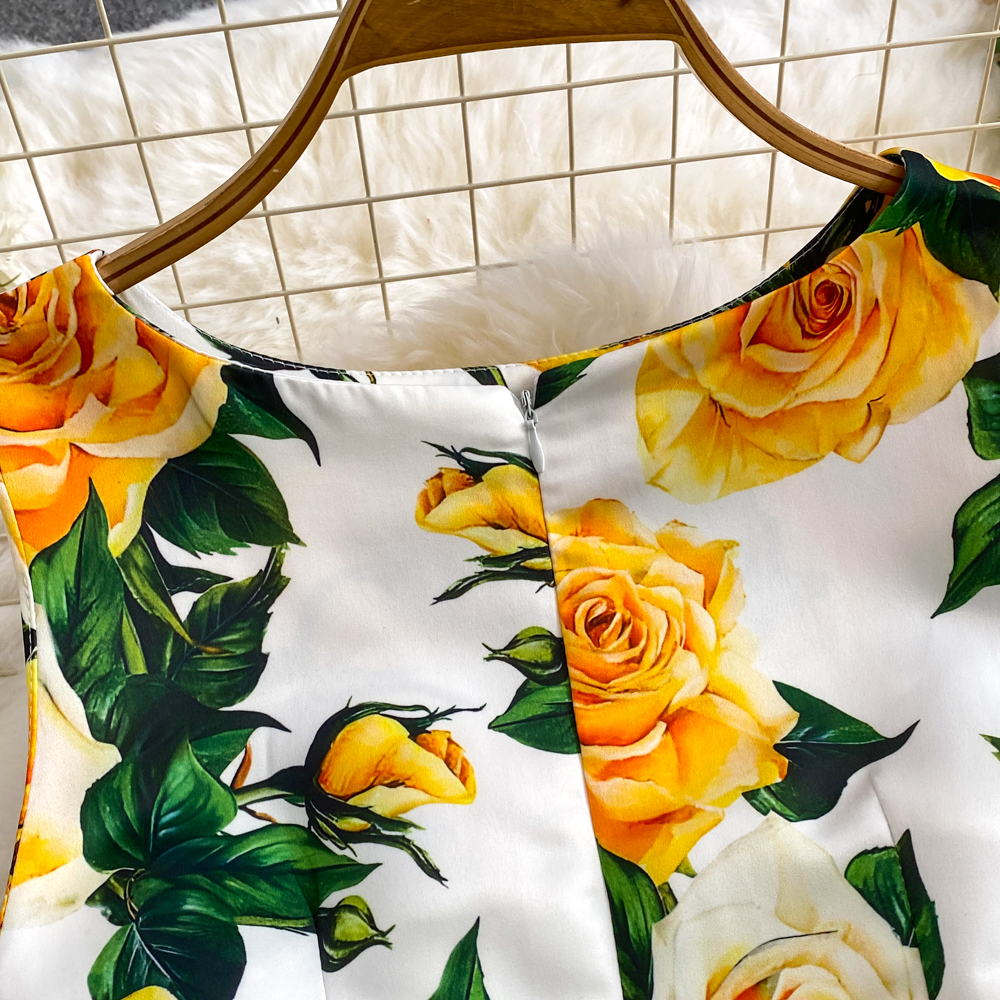 Dresses Fashion Runway Summer Midi Long Women Dress O-Neck Sleeveless Elegant Yellow Rose Print Office Lady Work Wear Vestidos