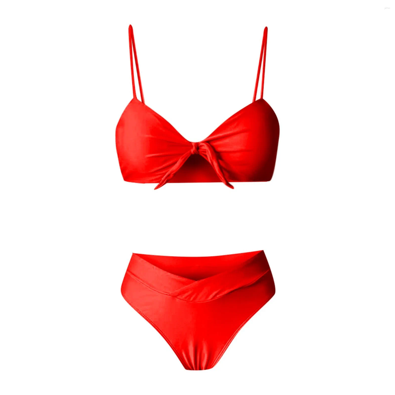 Womens Swimwear Summer Two Pieces Bikini Pure Color Thin Shoulder Straps Bow Pleated V-Neck Push Up Vacation Swimwears Low Waist Swimsuit